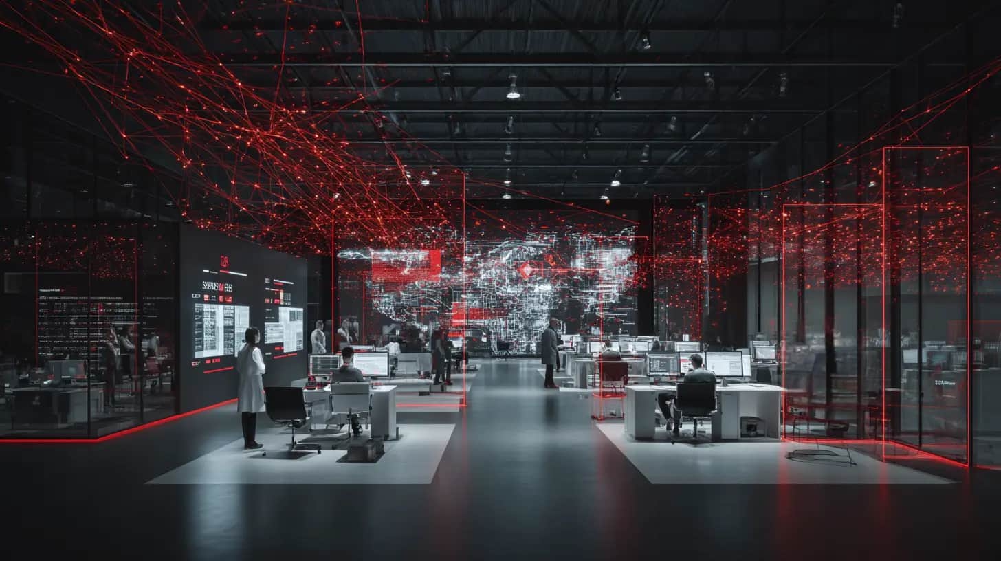 Ambiente de tecnologia avançada com display digital e conexões de rede que representam o impacto do 5G e edge computing nos negócios modernos.