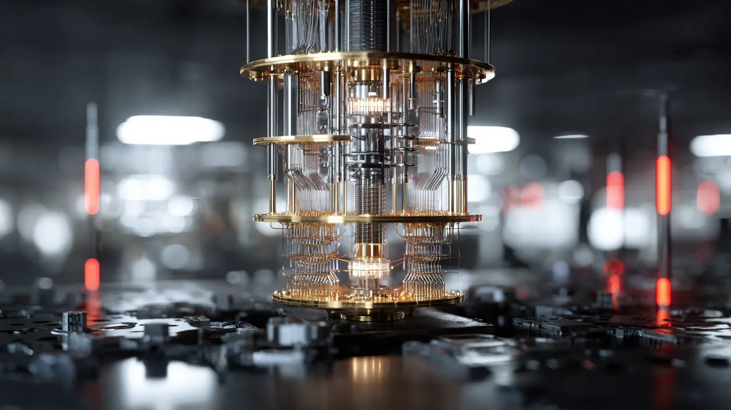 Imagem que representa um circuito de computação quântica com componentes futuristas, simbolizando a avançada tecnologia nos negócios e seu potencial impacto.