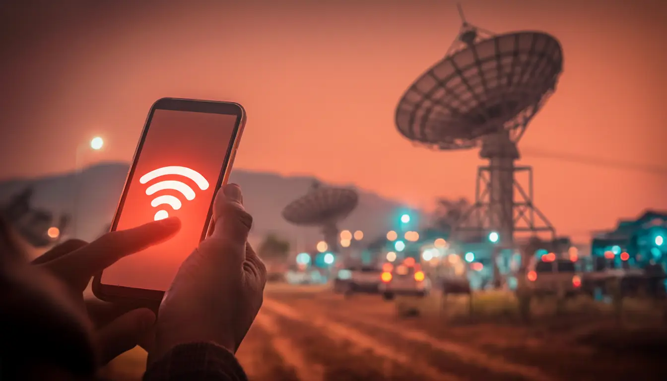 Satélite de comunicações em uso para fornecer conectividade em áreas remotas, destacando a importância de satélites para inclusão digital e desenvolvimento.