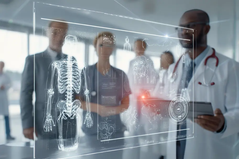 Profissionais de saúde analisando dados de tecnologia de Saúde 5.0 que promove a equidade na medicina, com uso de inteligência artificial e inovação no setor