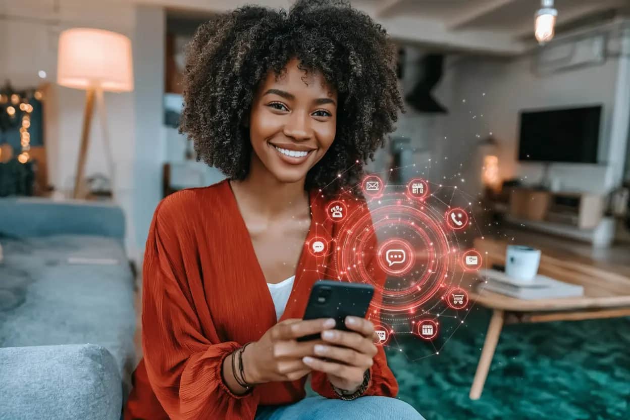 Jovem mulher negra usando smartphone em casa, interagindo com ícones de redes sociais e mensagens digitais, representando comunicação online e tecnologia.