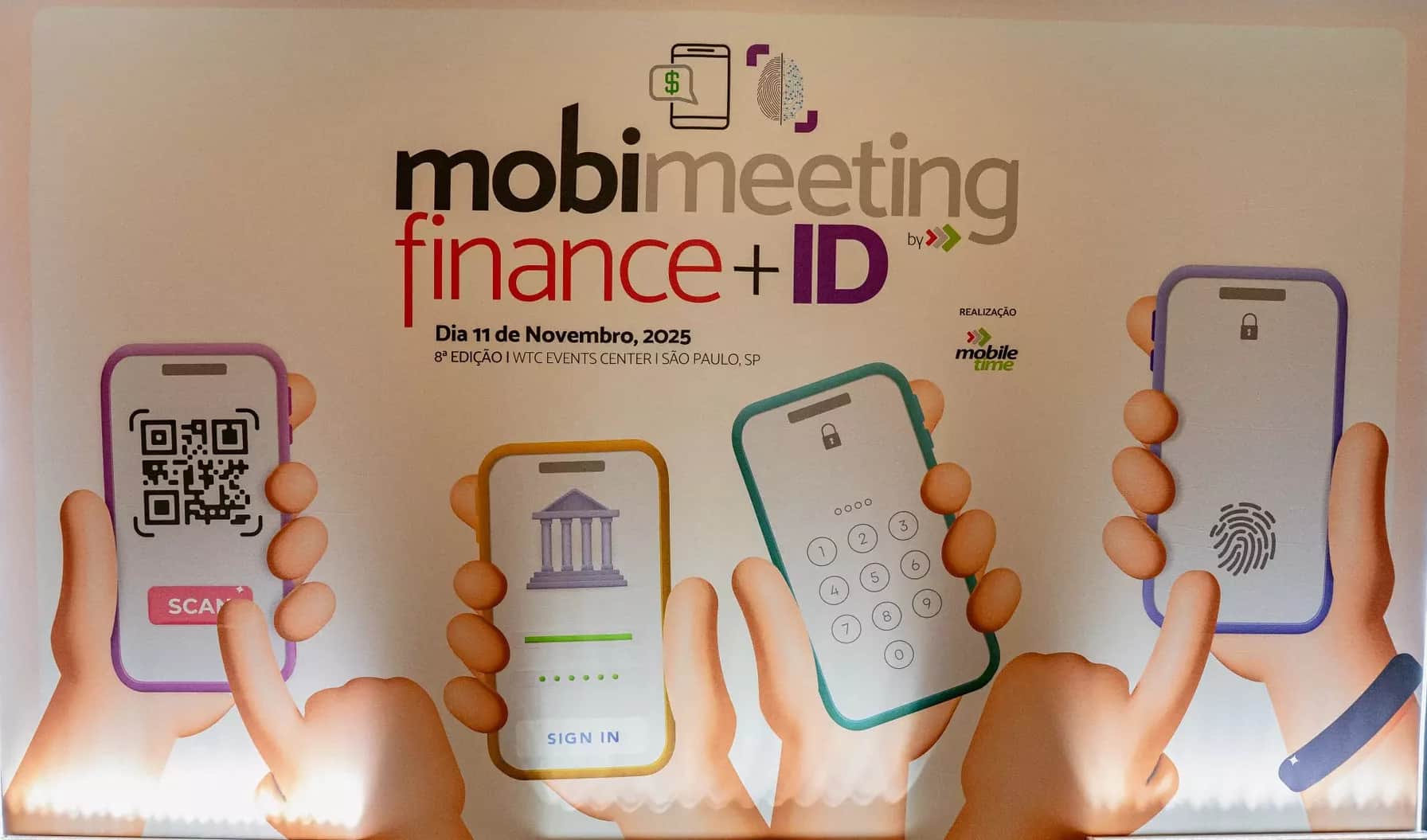 Banner do evento MobiMeeting Finance 2025 realizado no São Paulo Expo, destacando tecnologia de digitais, QR code, senha e reconhecimento biométrico para acesso.