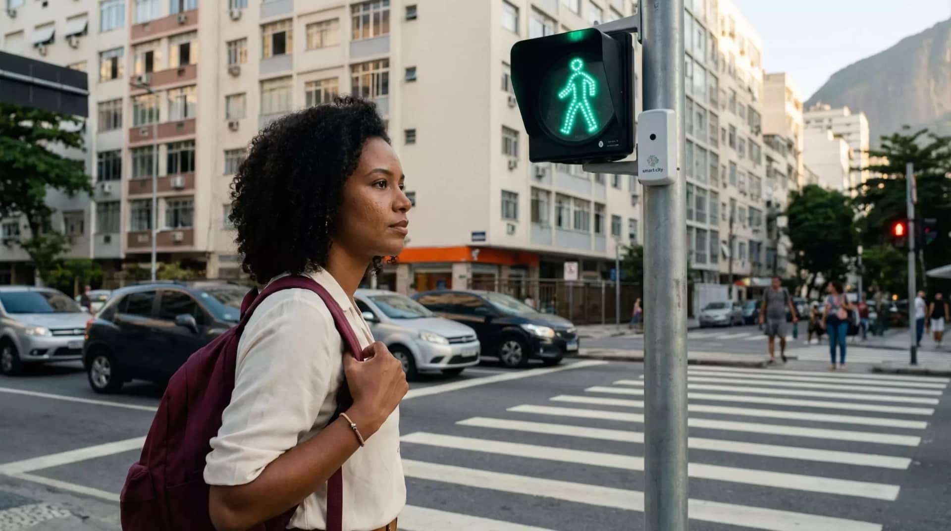 Mulher esperando para atravessar a rua com sinal de pedestre verde.