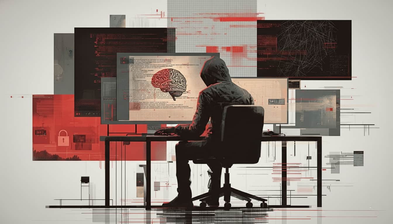 Ilustração que representa sofisticação em ataques digitais na era da inteligência artificial, com um especialista monitorando múltiplos monitores e uma atmosfera tecnológica avançada.