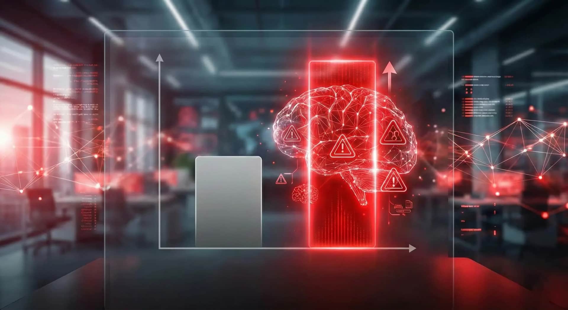 Cérebro digital representando os riscos associados à inteligência artificial, com elementos gráficos de alerta e análise de dados