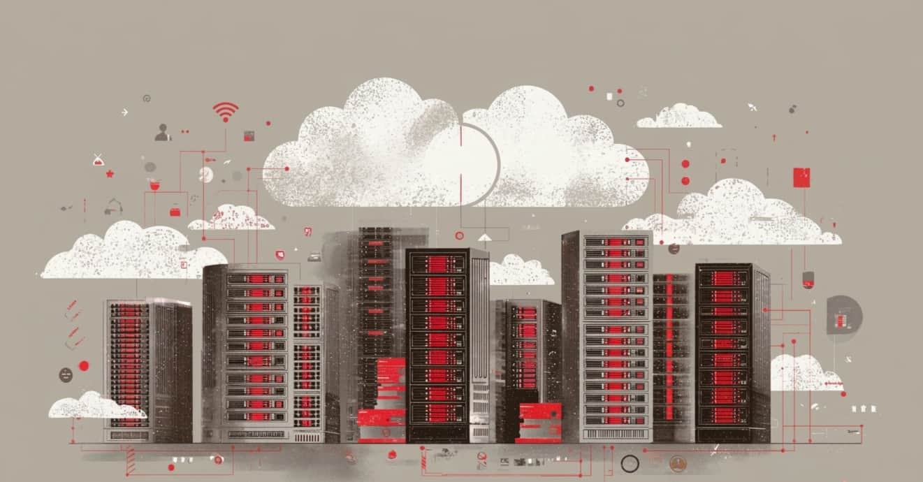 Imagem ilustrativa da plataforma de nuvem híbrida Claro uStore apresentada no MWC 2026, destacando servidores e tecnologia em nuvem para inovação digital.