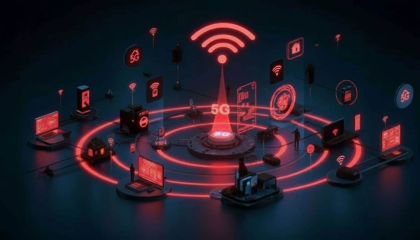 Ilustração de dispositivos conectados via IoT utilizando rede 5G, com computadores, sensores e gadgets inteligentes em uma rede integrada.