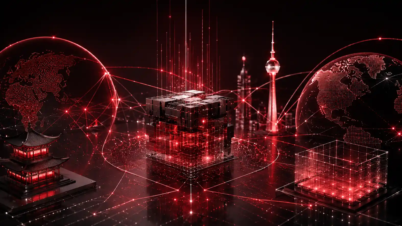 Ilustração com computação quantica: cubo de dados quânticos em tons de vermelho e linhas de rede conectando mundo digital