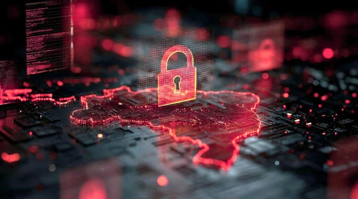 Cadeado digital brilhante suspenso sobre o mapa holográfico do Brasil em uma rede de circuitos, simbolizando a E-Ciber.