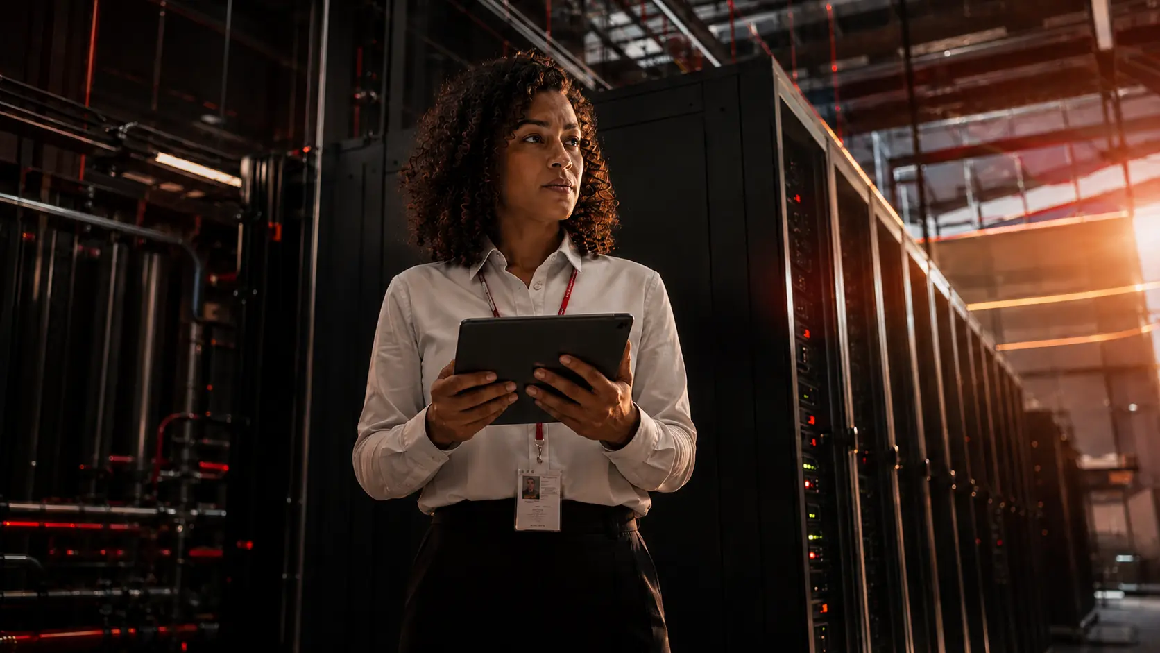Engenheira ou técnica em data center com cabelos cacheados usando crachá, segurando um tablet e analisando um rack de servidores em ambiente industrial com iluminação vermelha ao fundo.