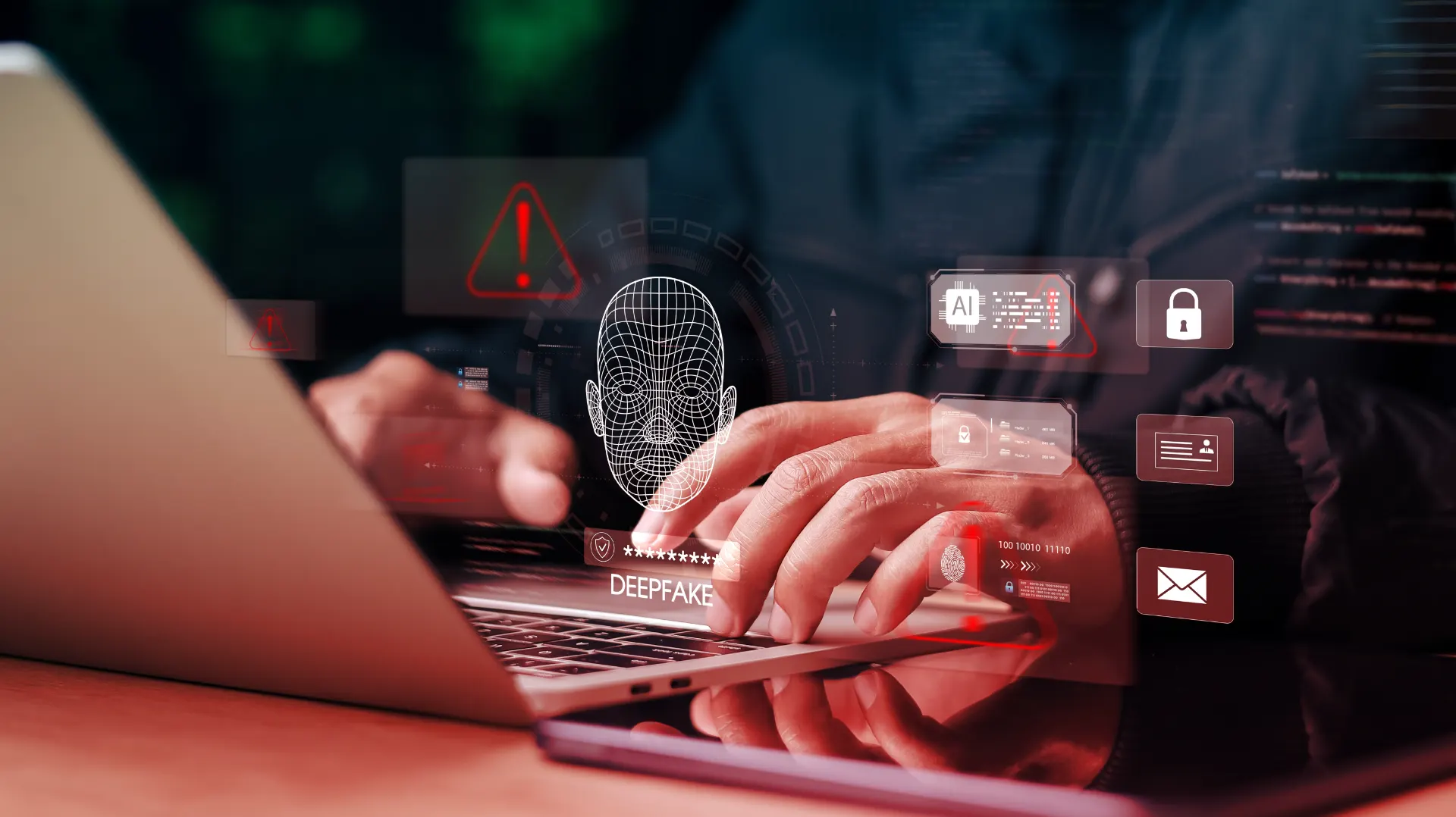 Pessoa usando notebook com interface de cibersegurança: ícone de alerta, máscara de dados em formato de rosto, bloqueio e sinais de deepfake na tela, com criptografia e códigos digitais ao redor.