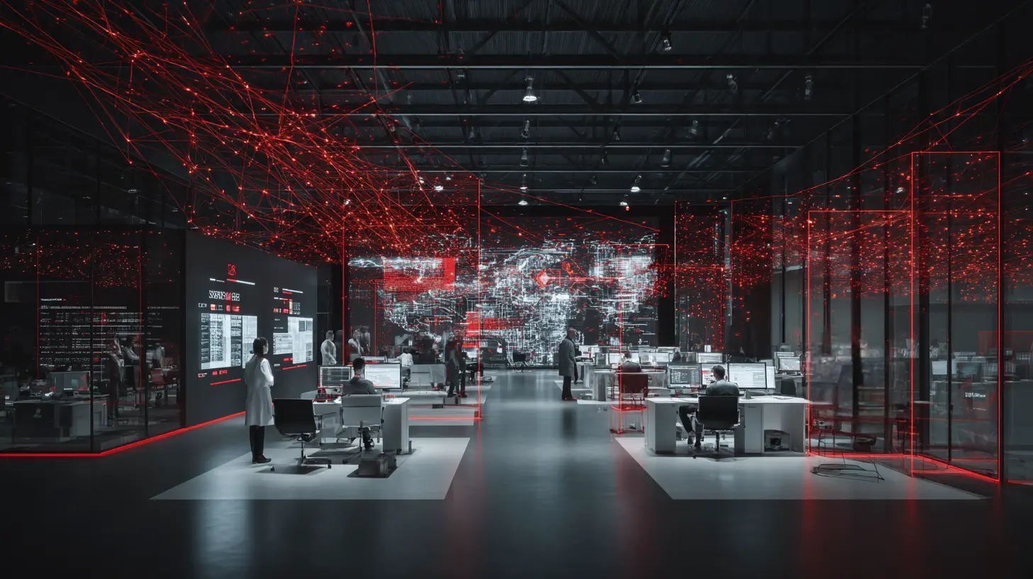 Ambiente de tecnologia avançada com display digital e conexões de rede que representam o impacto do 5G e edge computing nos negócios modernos.