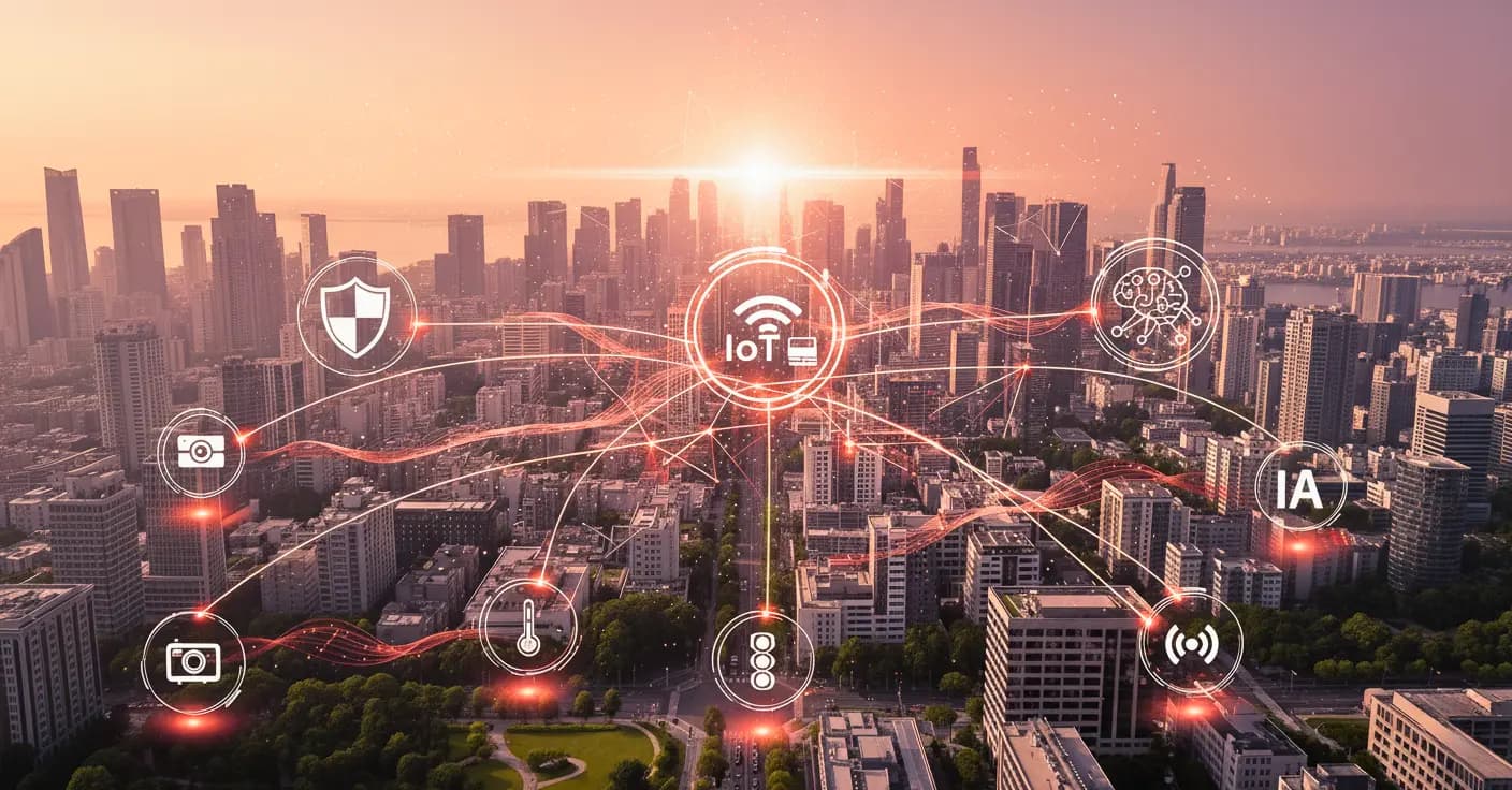 Conectividade IoT e IA em cidades inteligentes promovendo segurança, vigilância e inovação tecnológica com proteção à privacidade.