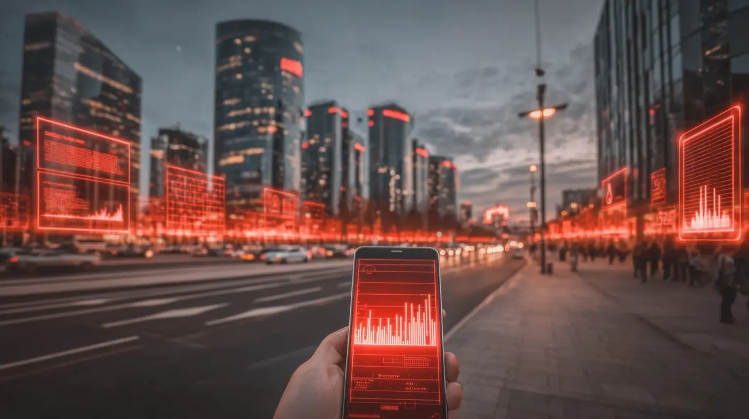 Imagem de uma cidade moderna ao entardecer com edifícios altos e painéis de dados holográficos em vermelho, representando tecnologia e inovação