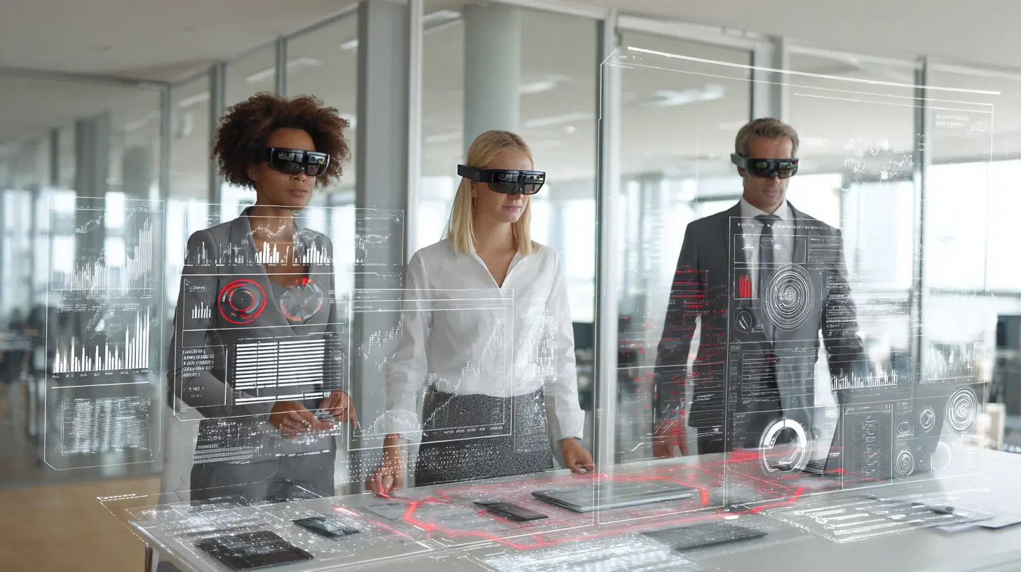 Profissionais empresariais usando óculos de realidade virtual em ambiente de negócios, explorando o metaverso como ferramenta inovadora no mundo corporativo.