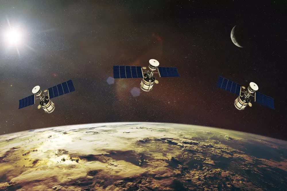 Satélites LEO orbitando a Terra, representando a parceria entre satélites de baixa órbita e fibra óptica para promover inclusão digital.