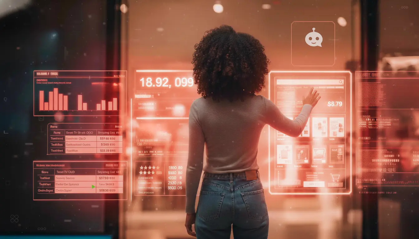 Pessoa interagindo com interfaces digitais futurísticas que representam experiências de compra integradas e intuitivas no conceito de comércio agêntico.