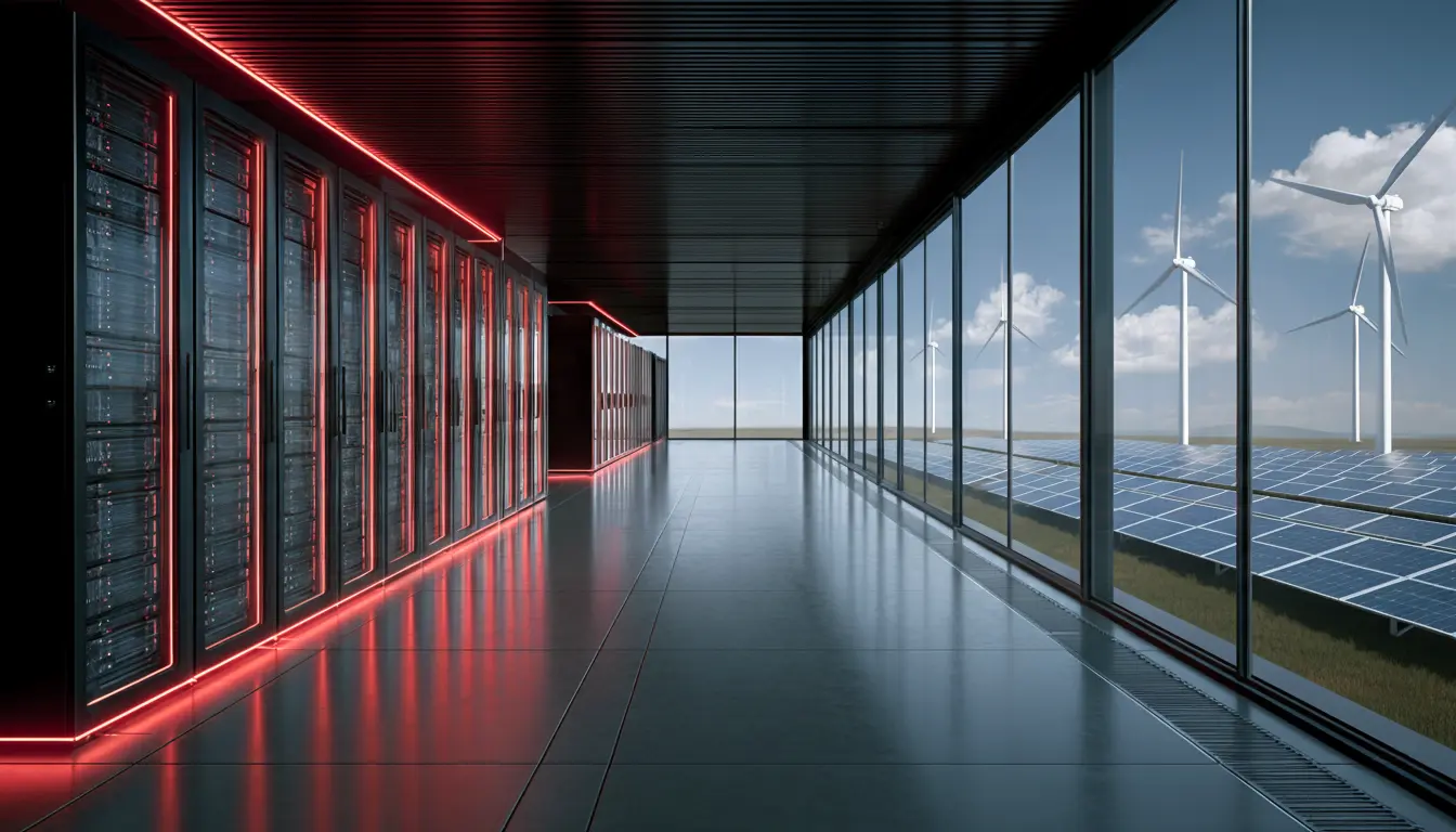 Servidor de data centers com janelas de vidro mostrando energia renovável, simbolizando a soberania e crescimento de infraestrutura tecnológica no Brasil.