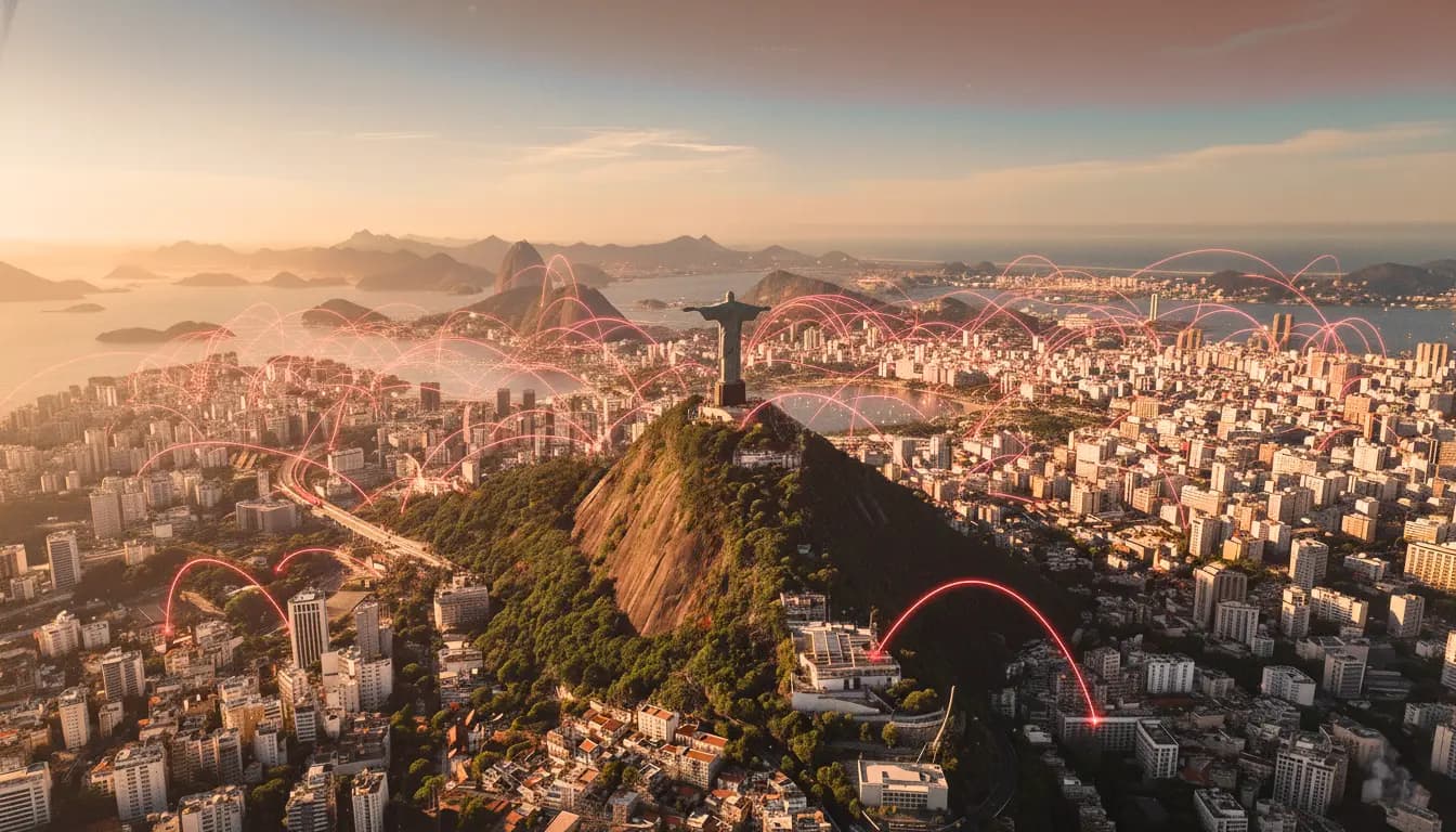 Imagem aérea do Rio de Janeiro destacando a estátua do Cristo Redentor com conexões de rede digital simbolizando serviços confiáveis na região fluminense.