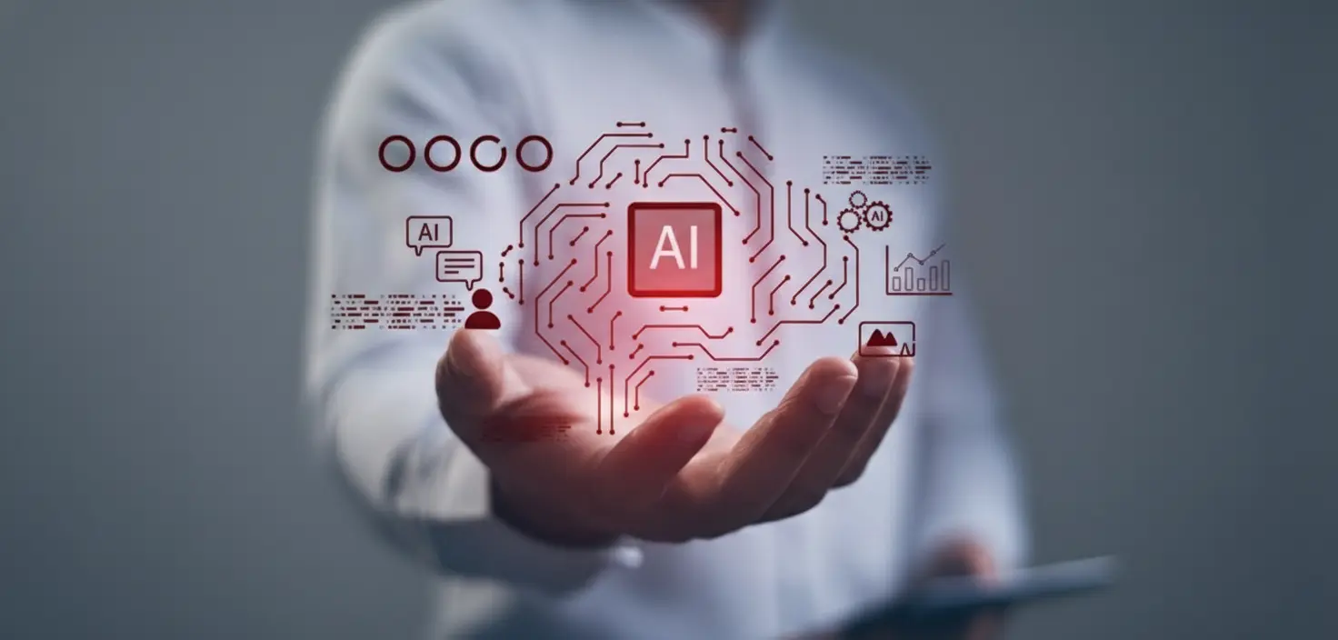 Uma pessoa segurando uma representação gráfica de inteligência artificial, com elementos de automação, machine learning e cérebro autônomo, destacando a tecnologia de inteligencia artificial.