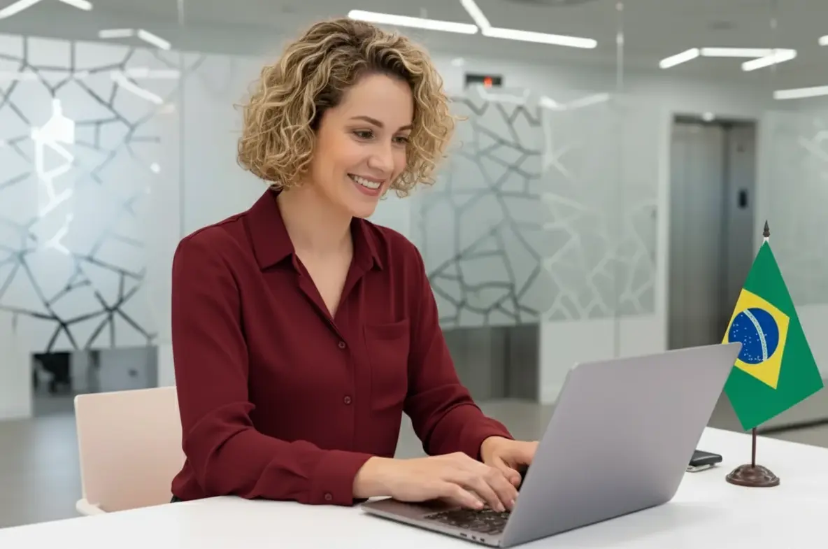 Mulher sorridente usando laptop em ambiente moderno com bandeira do Brasil ao lado, simbolizando profissionalismo e conexão com o país.