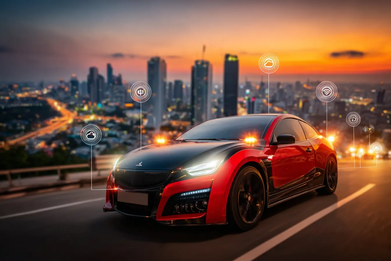 Carro esportivo moderno destacando-se na cidade ao entardecer, simbolizando inovação e tecnologia nos produtos automotivos