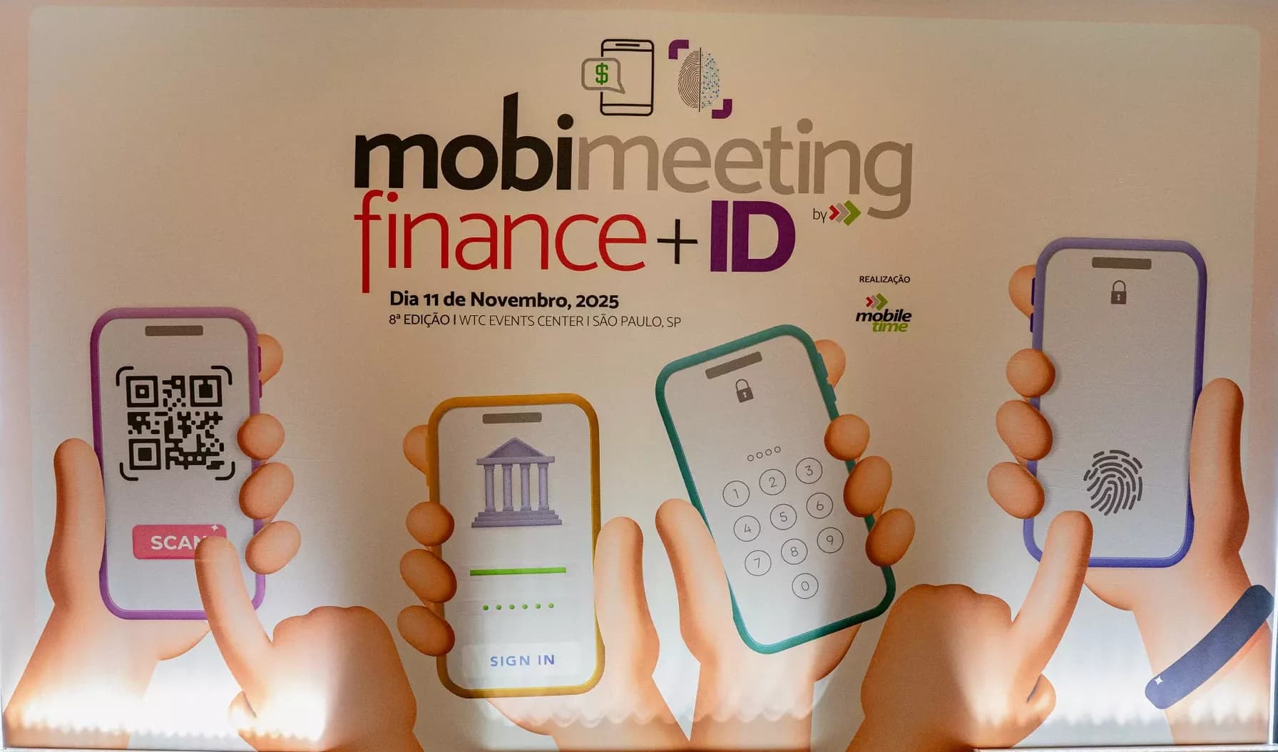 Banner do evento MobiMeeting Finance 2025 realizado no São Paulo Expo, destacando tecnologia de digitais, QR code, senha e reconhecimento biométrico para acesso.