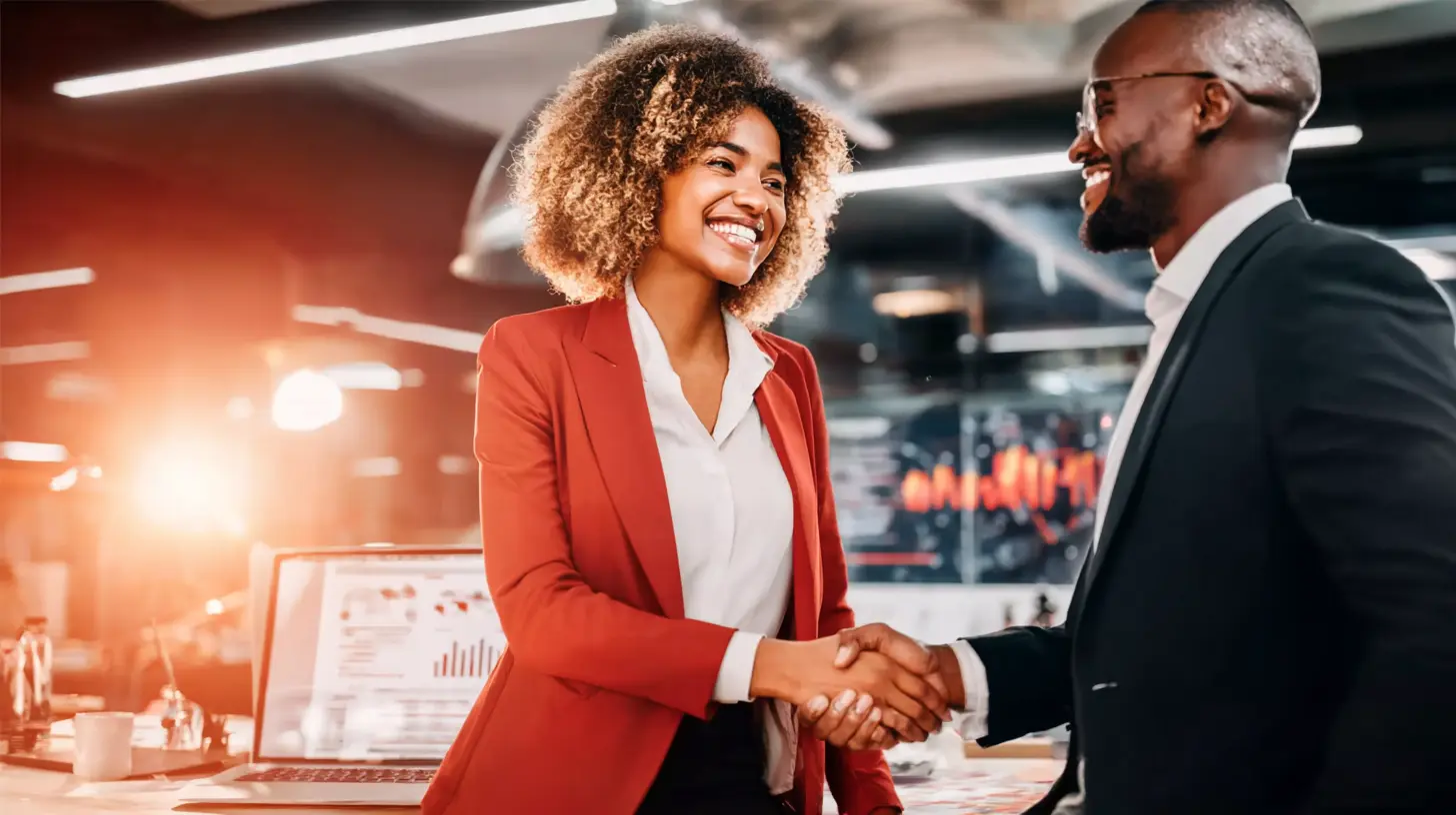 Mulher e homem de negócios sorrindo e apertando as mãos em ambiente de escritório moderno, representando parceria com Google Cloud.