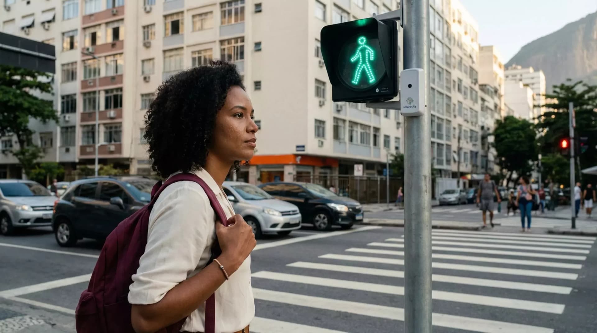 Mulher esperando para atravessar a rua com sinal de pedestre verde.