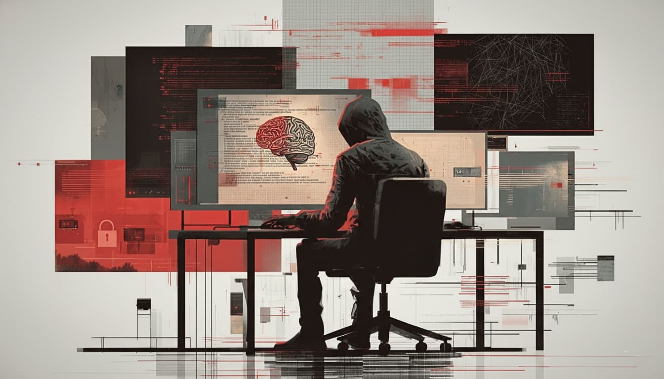 Ilustração que representa sofisticação em ataques digitais na era da inteligência artificial, com um especialista monitorando múltiplos monitores e uma atmosfera tecnológica avançada.