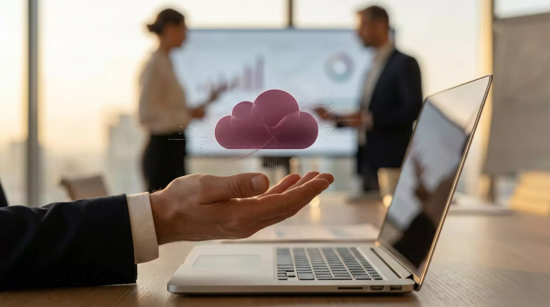 Mão em ambiente corporativo sustenta um símbolo visual de nuvem, representando a necessidade de modernizar infraestruturas de cloud para suportar novas cargas de inteligência artificial e modelos híbridos de TI.