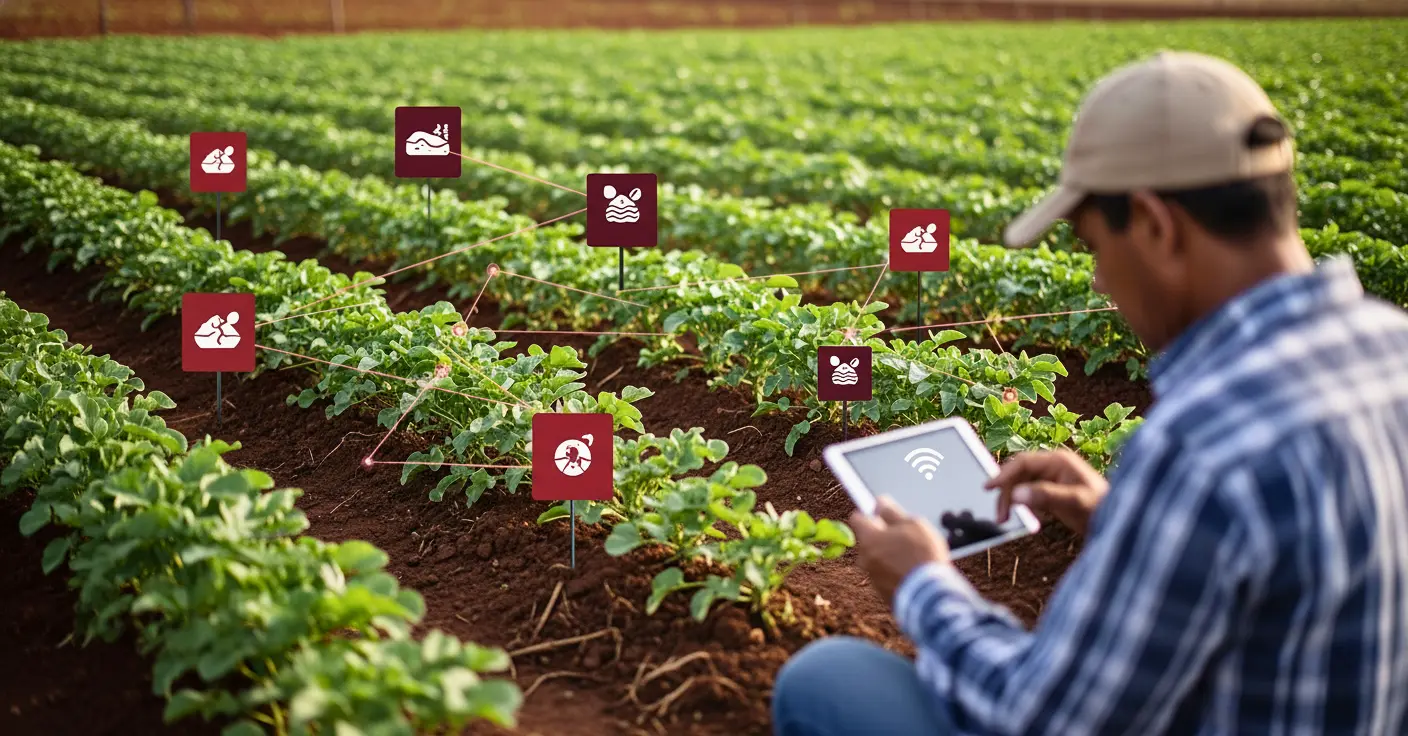 Agricultor usando um dispositivo com tecnologia 5G e IA para monitorar plantação, destacando o avanço tecnológico no Brasil.