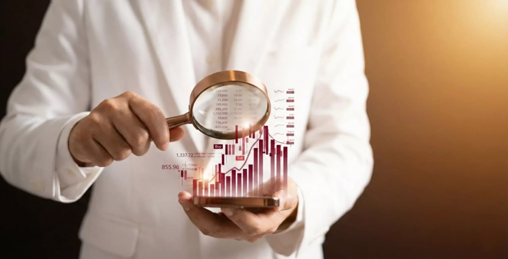 Pessoa analisando gráficos de crescimento com uma lupa, simbolizando o impacto de habilidades com IA na aumenta de salários e oportunidades de carreira.