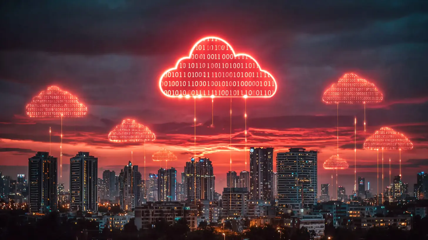 Fotografia ilustrativa de nuvens de dados em formato de nuvem, com destaque para o conceito de controle de custos na multicloud, sobre o skyline de uma cidade à noite.