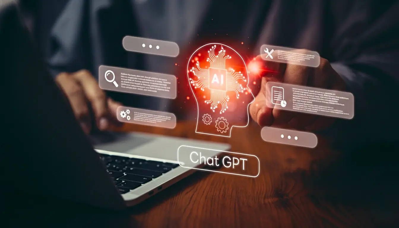 Interação com uma interface holográfica de inteligência artificial (IA), destacando a conexão entre IA e empregabilidade, com um foco no Chat GPT.