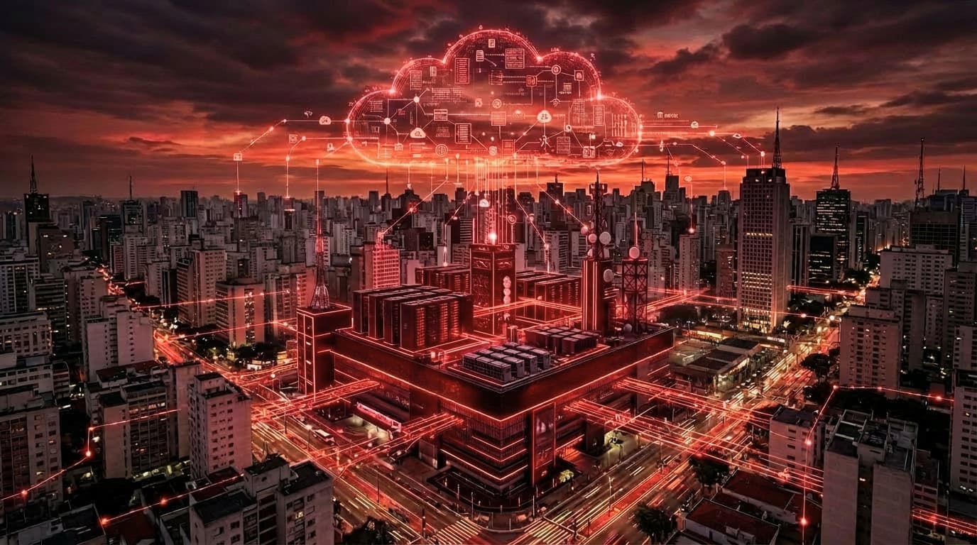 Uma cidade moderna à noite com uma limpeza digital de infraestrutura em nuvem representada por uma nuvem holográfica brilhante conectada a edifícios do centro urbano, destacando tecnologia e inovação em nuvem.