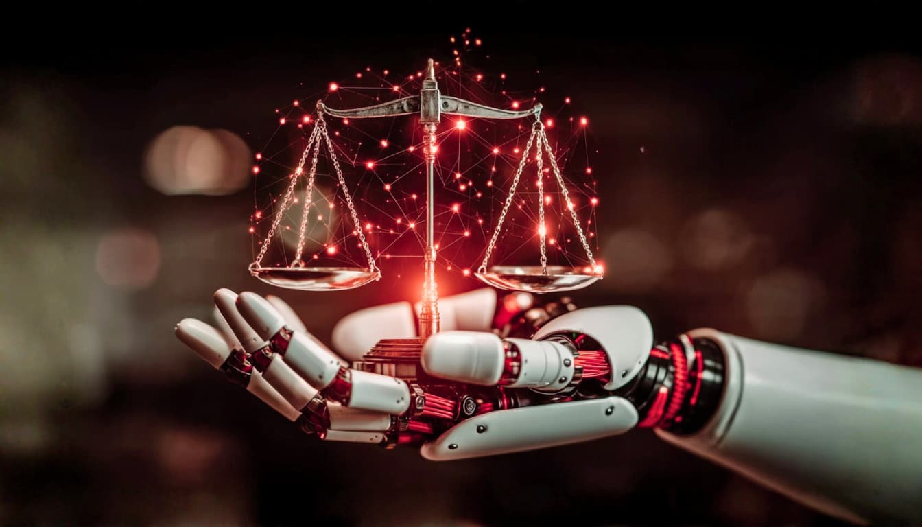Robô segurando balanço da justiça com temas de inteligência artificial e regulação em destaque, simbolizando debates do MWC 2026 sobre IA e regulamentação.