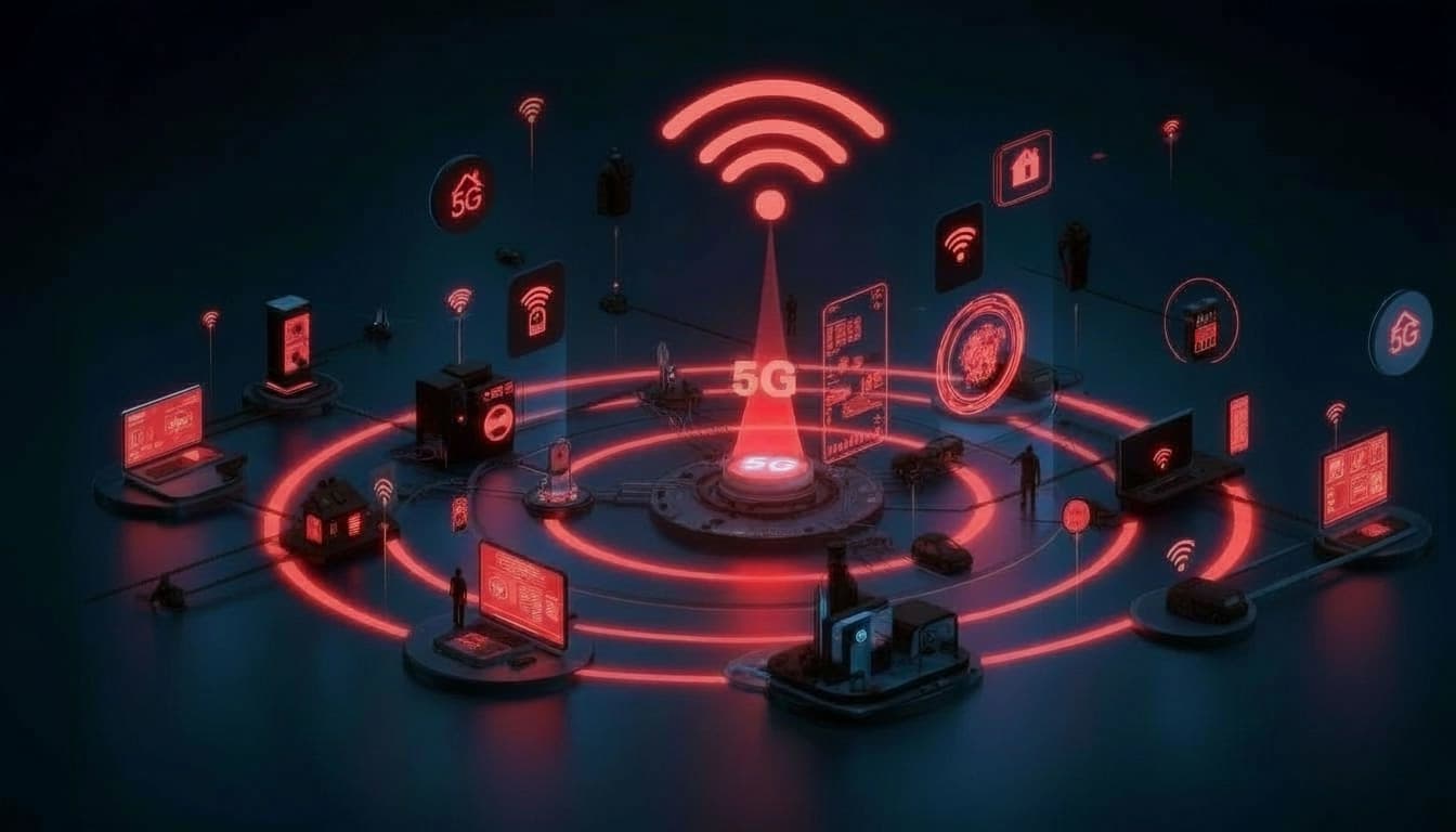 Ilustração de dispositivos conectados via IoT utilizando rede 5G, com computadores, sensores e gadgets inteligentes em uma rede integrada.