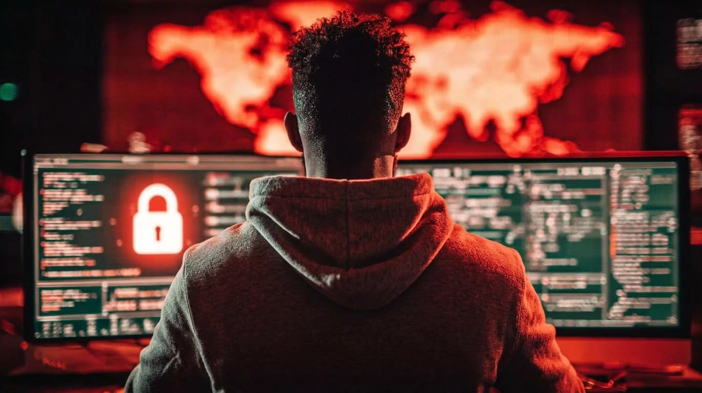 Homem em frente a um computador com tela de código e símbolo de cadeado, representando segurança e confiança na era digital.