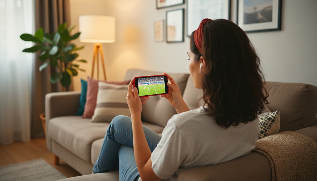 Mulher assistindo TV aberta no celular com tecnologia 5G broadcast em uma sala moderna e confortável.