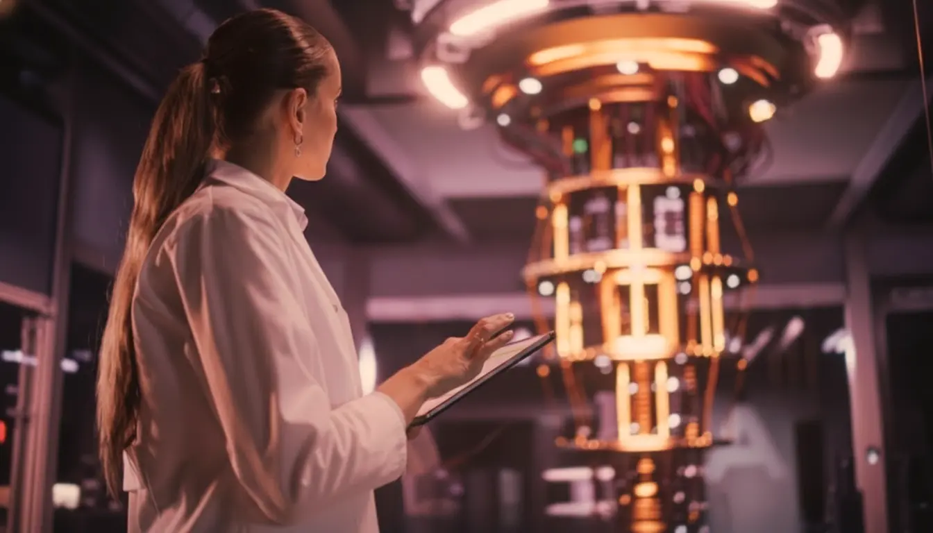 Pesquisadora observando um equipamento de computação quântica em um laboratório de alta tecnologia.