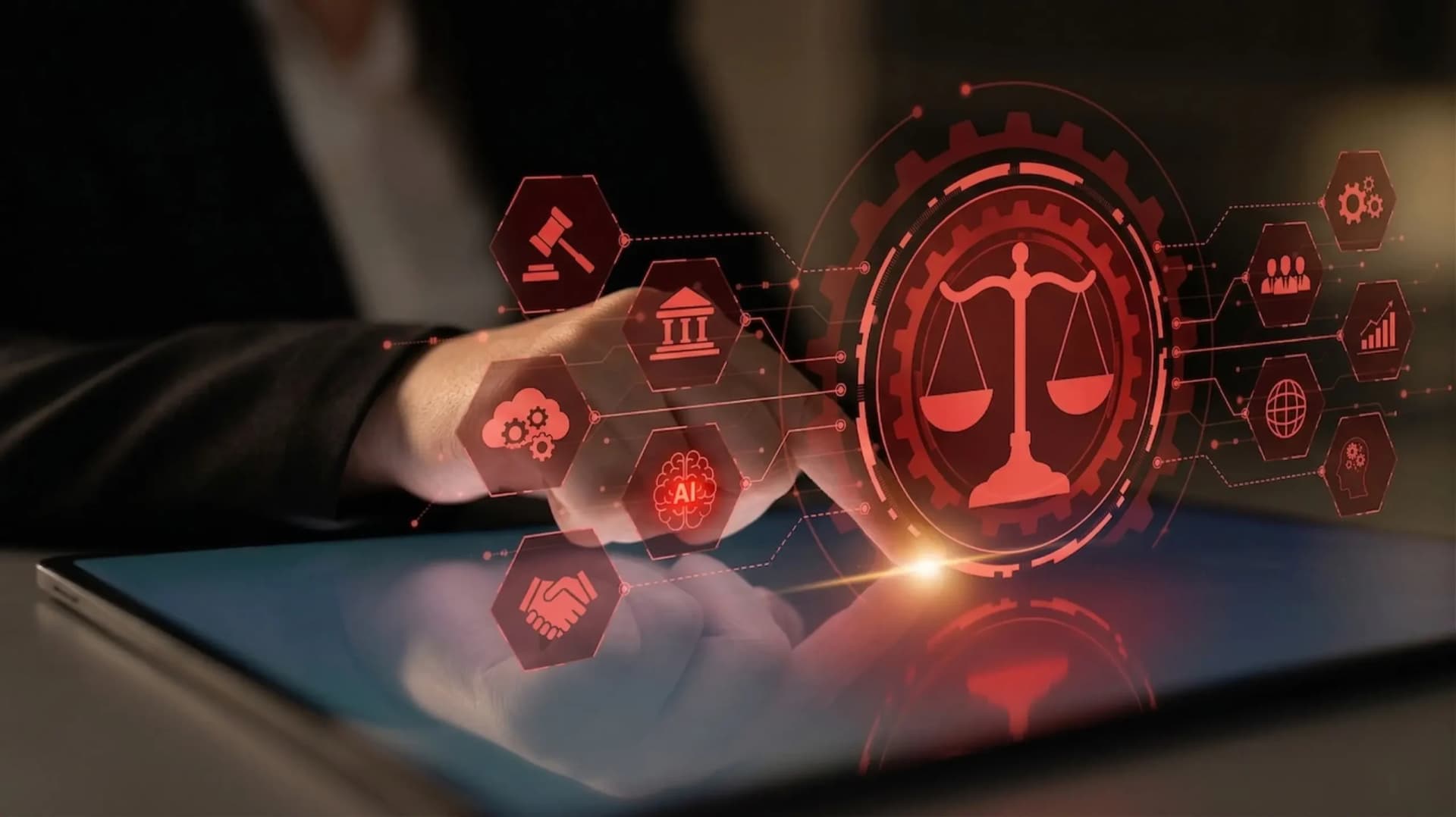 Ícones de justiça, tecnologia e inovação em uma interface digital de um tablet
