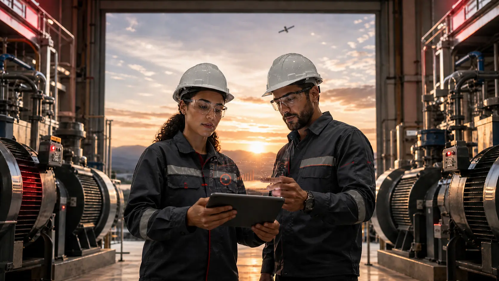 Técnicos de manutenção industrial usando sensores IoT em uma usina ao entardecer.
