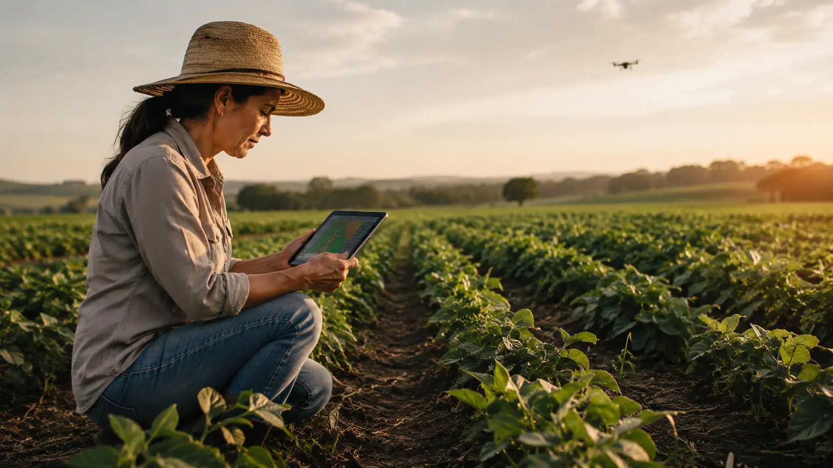 Mulher agrícola usando tablet em campo de cultivo ao pôr do sol, acompanhando o crescimento das plantas com tecnologia na agricultura.