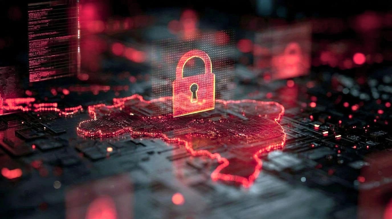 Cadeado digital brilhante suspenso sobre o mapa holográfico do Brasil em uma rede de circuitos, simbolizando a E-Ciber.