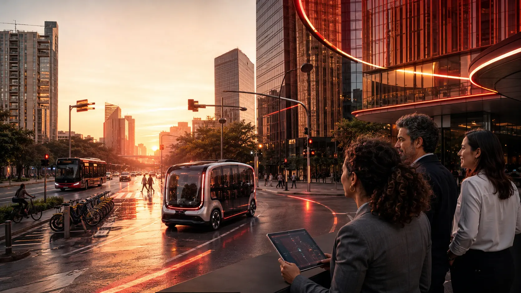 Cena urbana ao entardecer em uma grande cidade com veículos autônomos, pessoas com tablets e edifícios modernos refletindo a luz do pôr do sol.