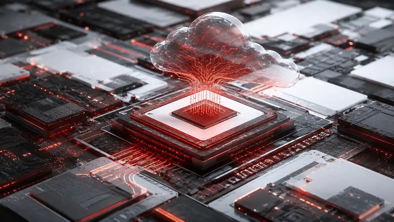 Infraestrutura digital com nuvem de dados holográfica conectada a servidores e placas de hardware, representando processamento, segurança e conectividade