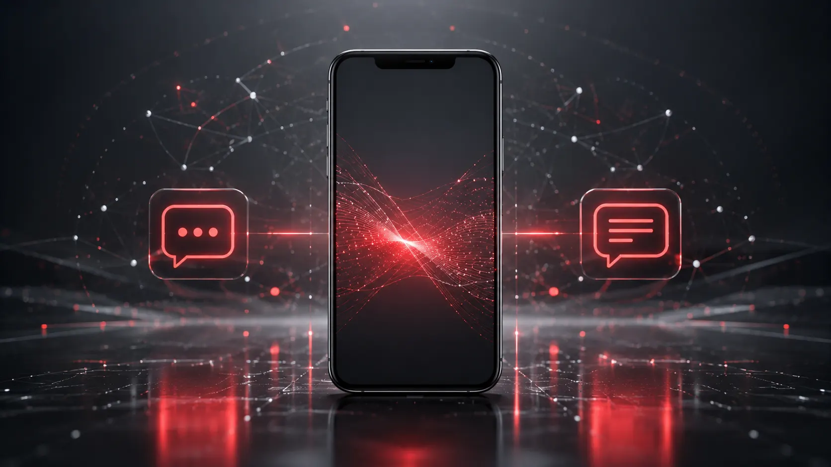 Smartphone no centro e linhas de dados em rede, mostrando criptografia RCS com ícones de conversa e mensagens em destaque no fundo digital