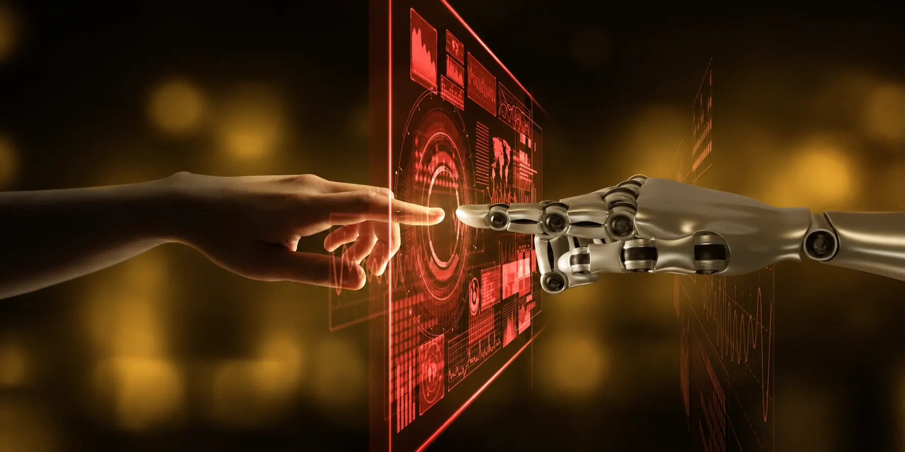 Conceitual com uma mão humana interagindo com um braço robótico e um circuito digital em estilo holográfico, sugerindo IA física aplicada à robótica e automação, com luz vermelha e fundo desfocado.