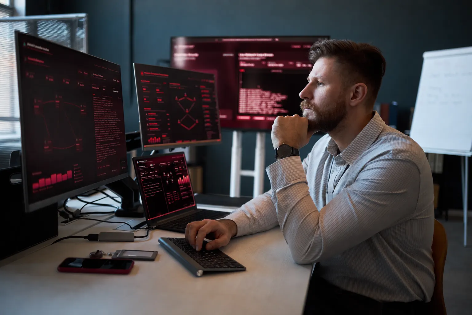 Profissional em escritório de cibersegurança observando telas com painéis e códigos em vermelho, indicando monitoramento e análise de sistemas e ameaças digitais.